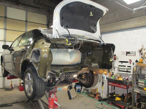 Ford Fusion after an auto accident and during auto body repairs