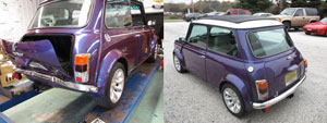 Mini Cooper after an auto accident with before and after auto body repairs photos